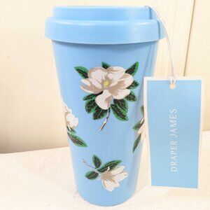 New Draper James Travel Mug Magnolia Blue Insulated cup w/ Lid 16 fl oz plastic
